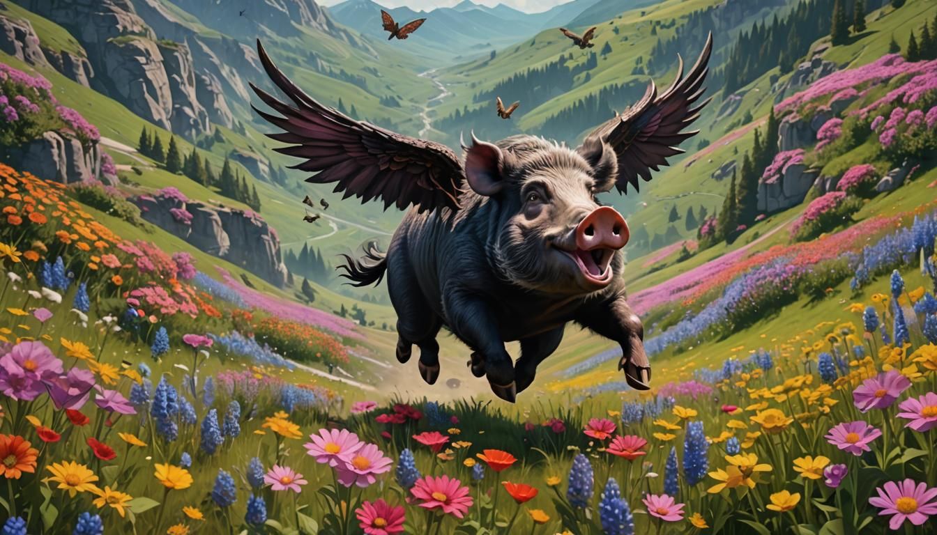 Flying Hog in a Whimsical Style