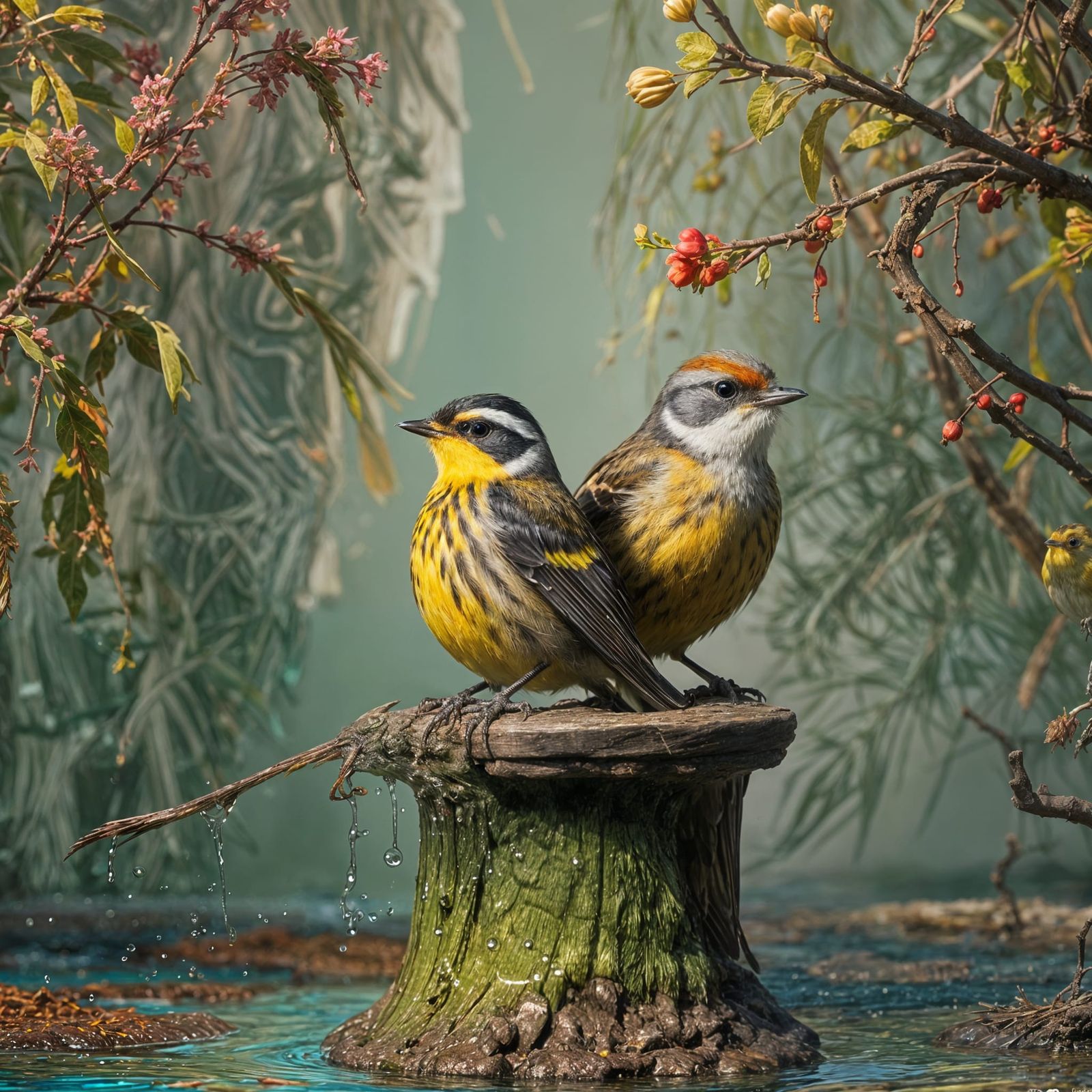 Hyperrealistic Warbler and Miss Muffit Splash Art