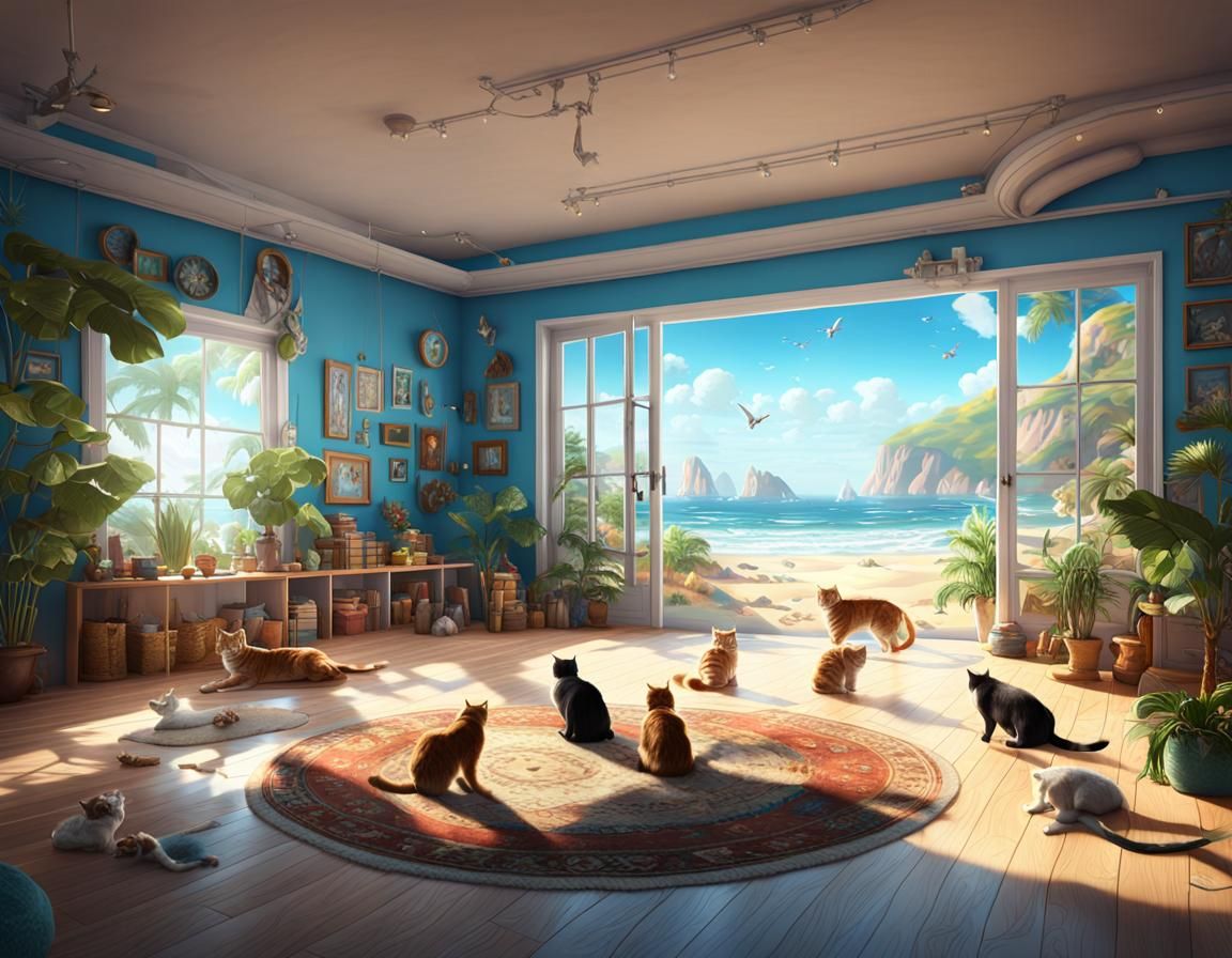 Modern Cat Room with Beach View in Matte Painting Style
