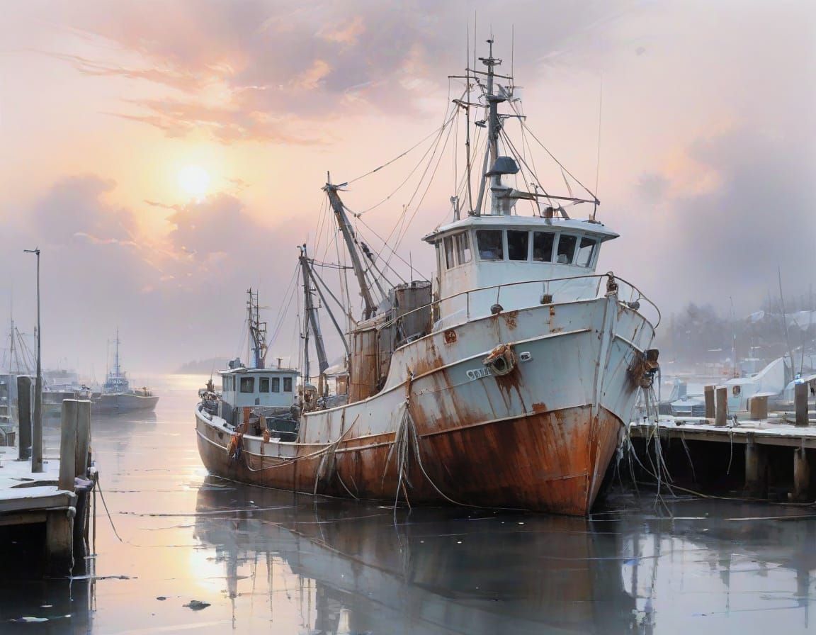 Icy Trawler at Winter Harbor in Watercolor Style