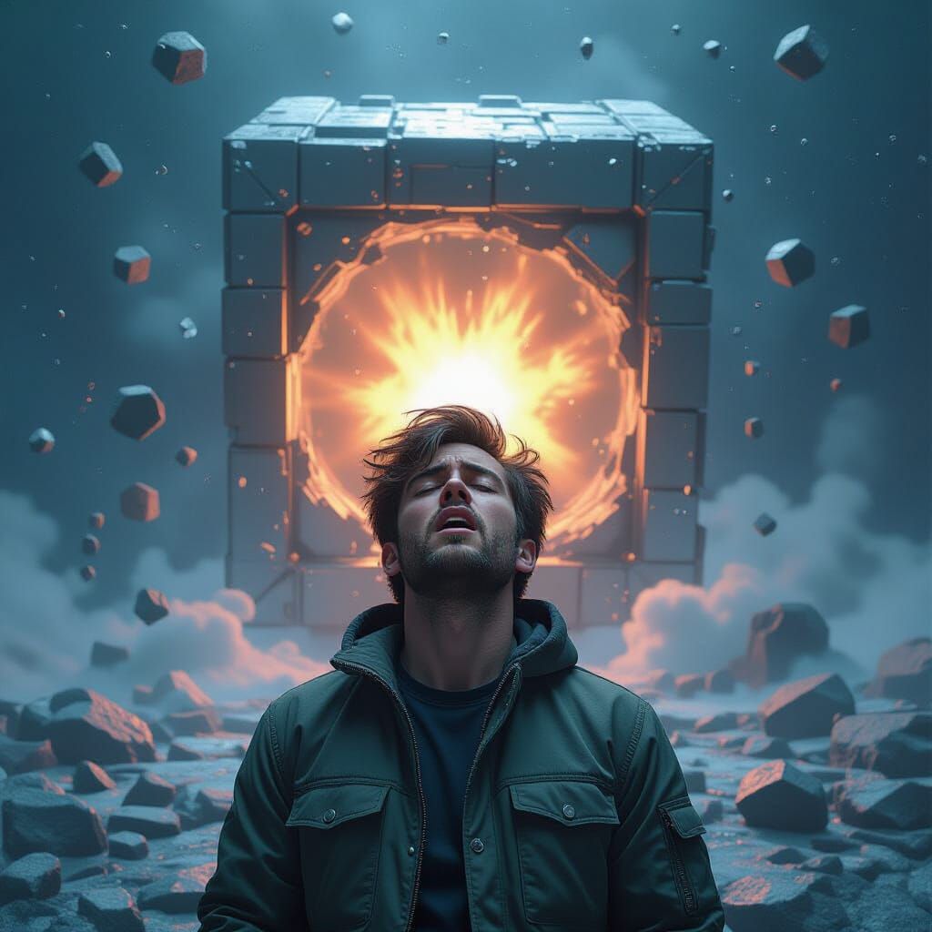 Distressed Person on Cubic Metal Planet