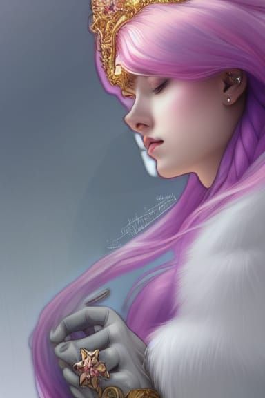 Icy Pink-Haired Queen with Sword, Detailed Portrait