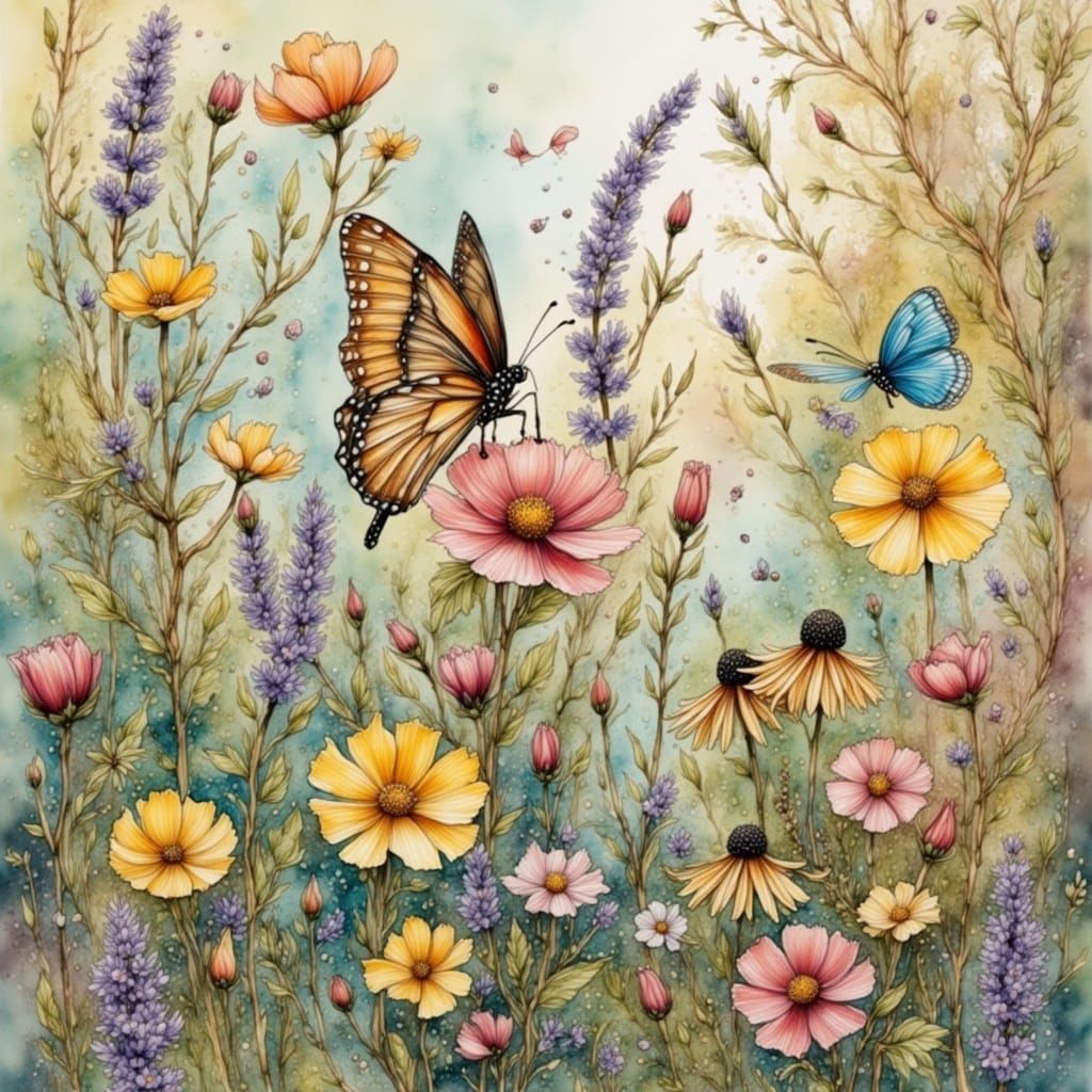Wildflowers, Herbs, and Butterfly in Watercolor Style