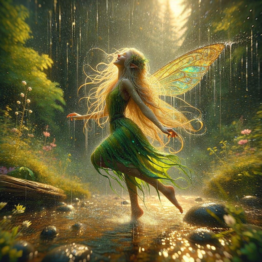 Joyful Faerie Dancing in a Hyper-Realistic Forest Downpour