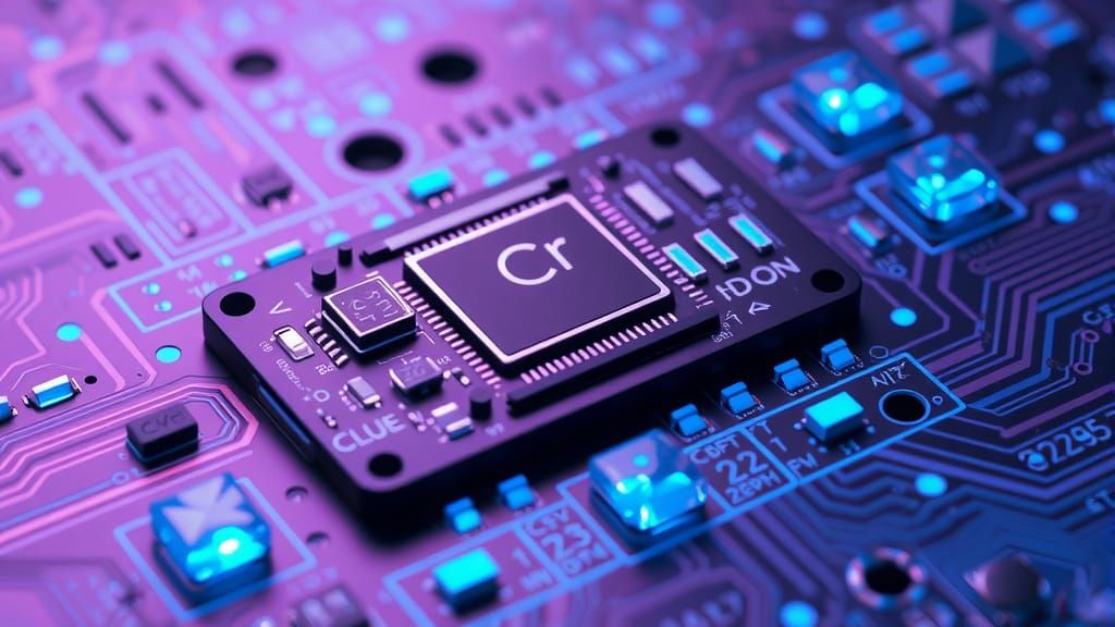 A computer PCB processator, made with many blue diamonds and translucent chips with a blue indigo holographical codes fl...