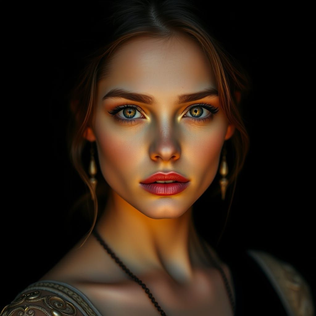 Elegant Woman in Fiery Orange and Yellow Hues, Cinematic Sty...