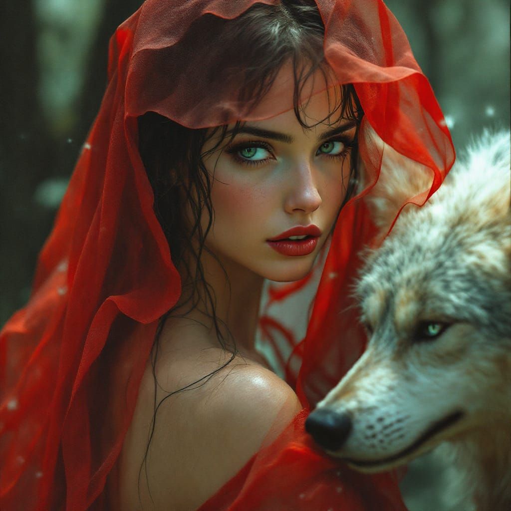 Red Veil Woman and Wolf in Misty Forest