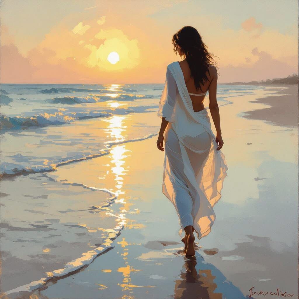 Woman Walking on Serene Beach at Golden Hour