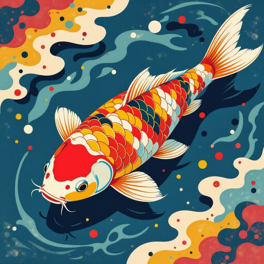 Vibrant Koi Fish in Pop Art Style Emerging from Dreamlike Wa...