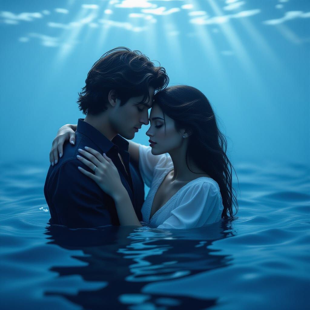 Surreal Underwater Embrace in Deep Blue Ocean