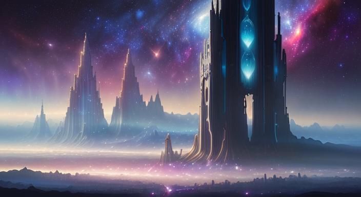 Mystical Landscape with Futuristic City in Digital Painting