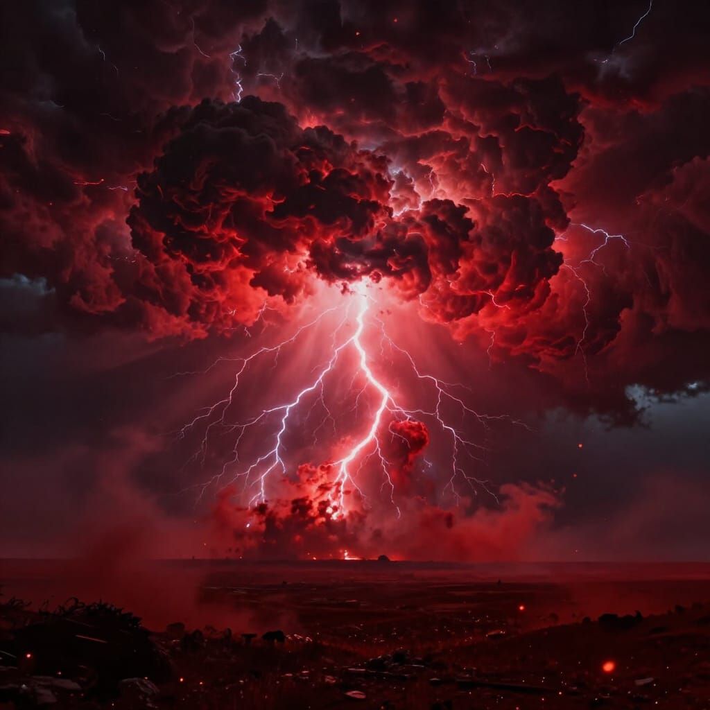 A colossal crimson storm erupts across the horizon, where the sky bleeds shades of scarlet, ruby, and deep wine red. Thu...
