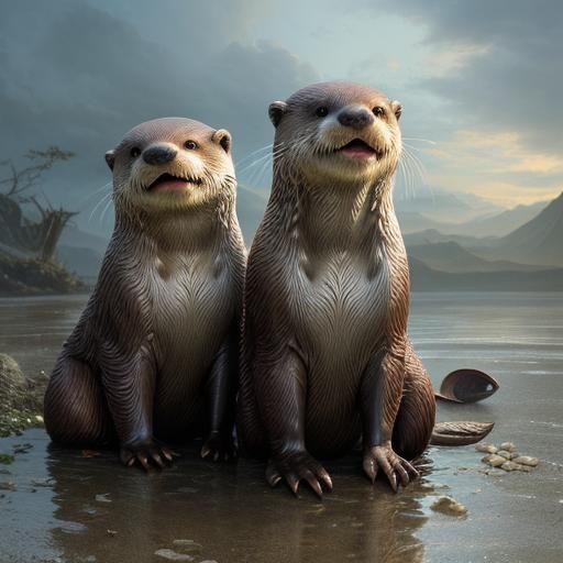 Cute Otters Cracking Clams in Detailed Nature Scene
