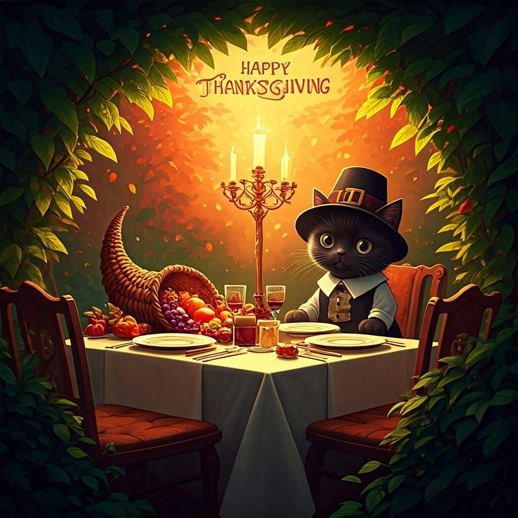 Pilgrim Kitten's Thanksgiving Feast: Ghibli-Inspired Scene