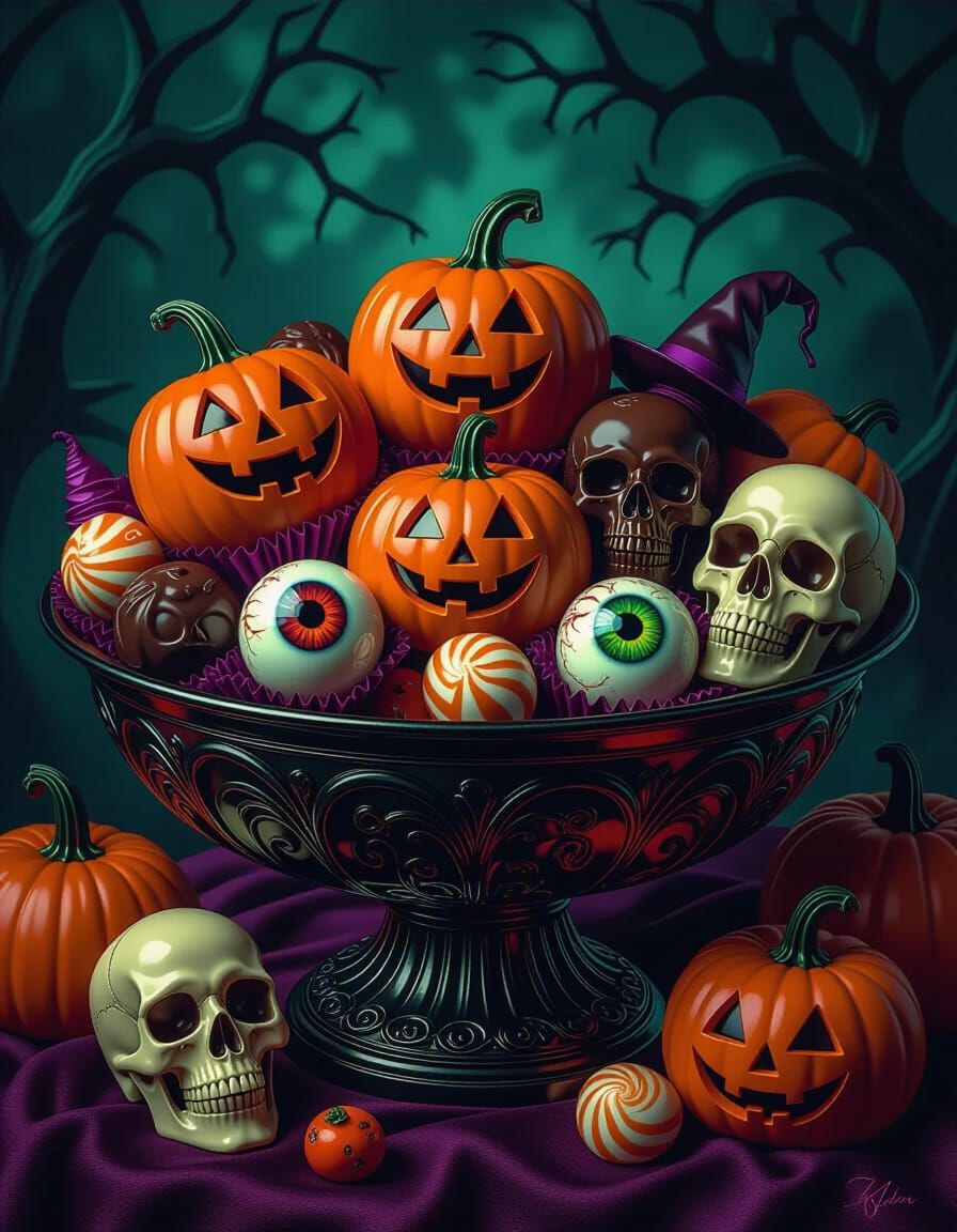 Gothic Halloween Candy Bowl Overflowing with Skulls and Eyeb...