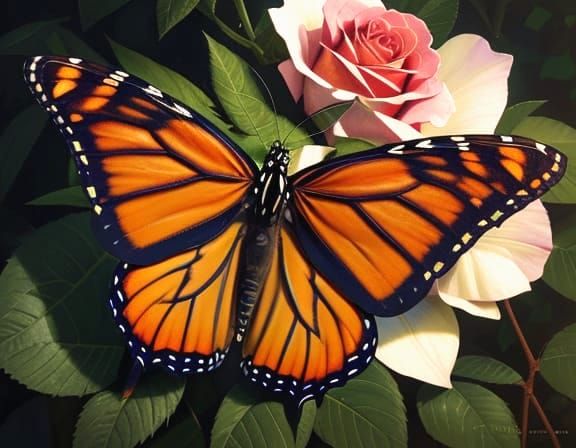 Surreal Monarch Butterfly on Rose, Salvador Dali Style
