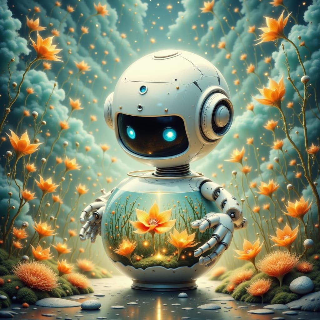 Cute Robot Holding a Fishbowl, Digital Art