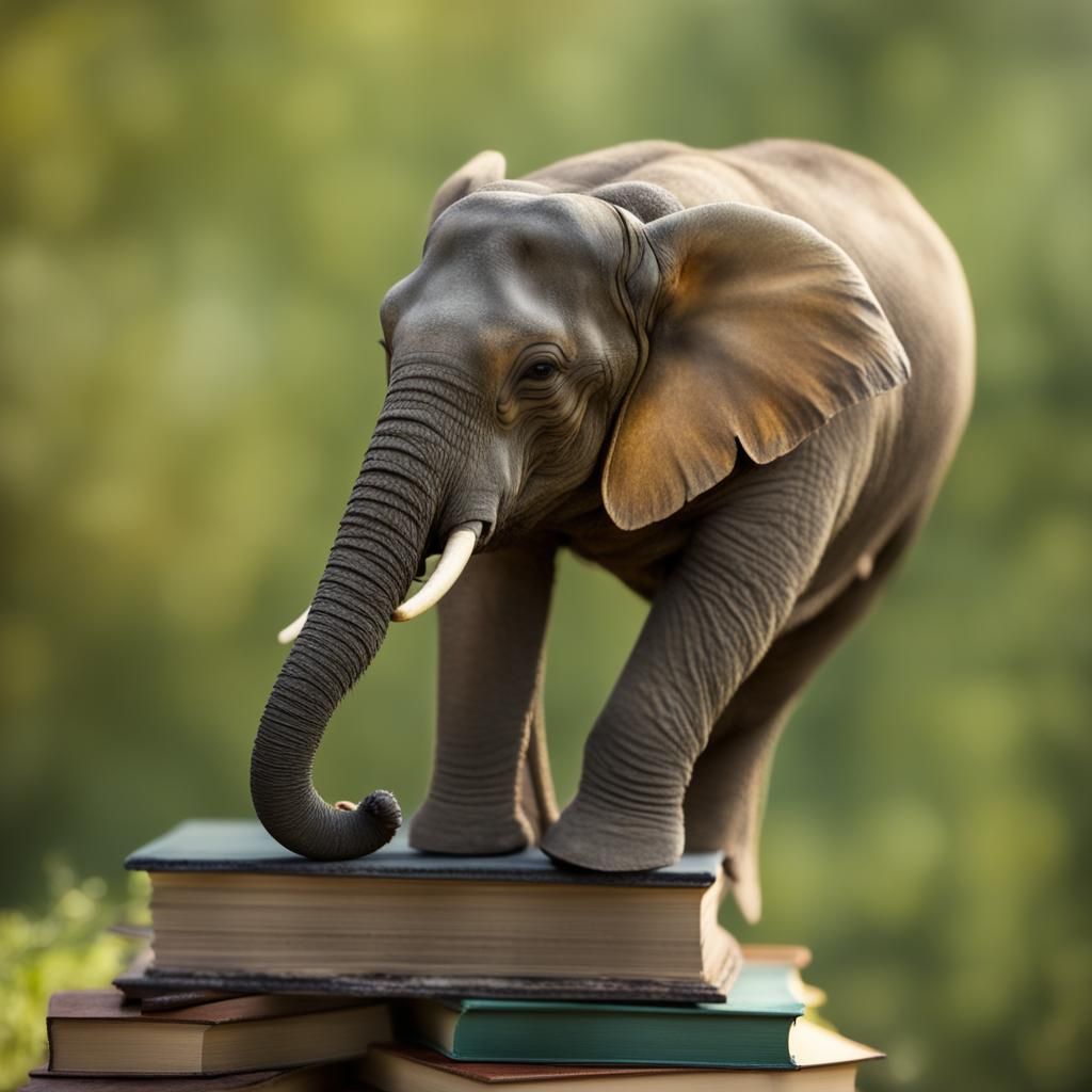 Tiny Elephant Balances on Books with Long Trunk