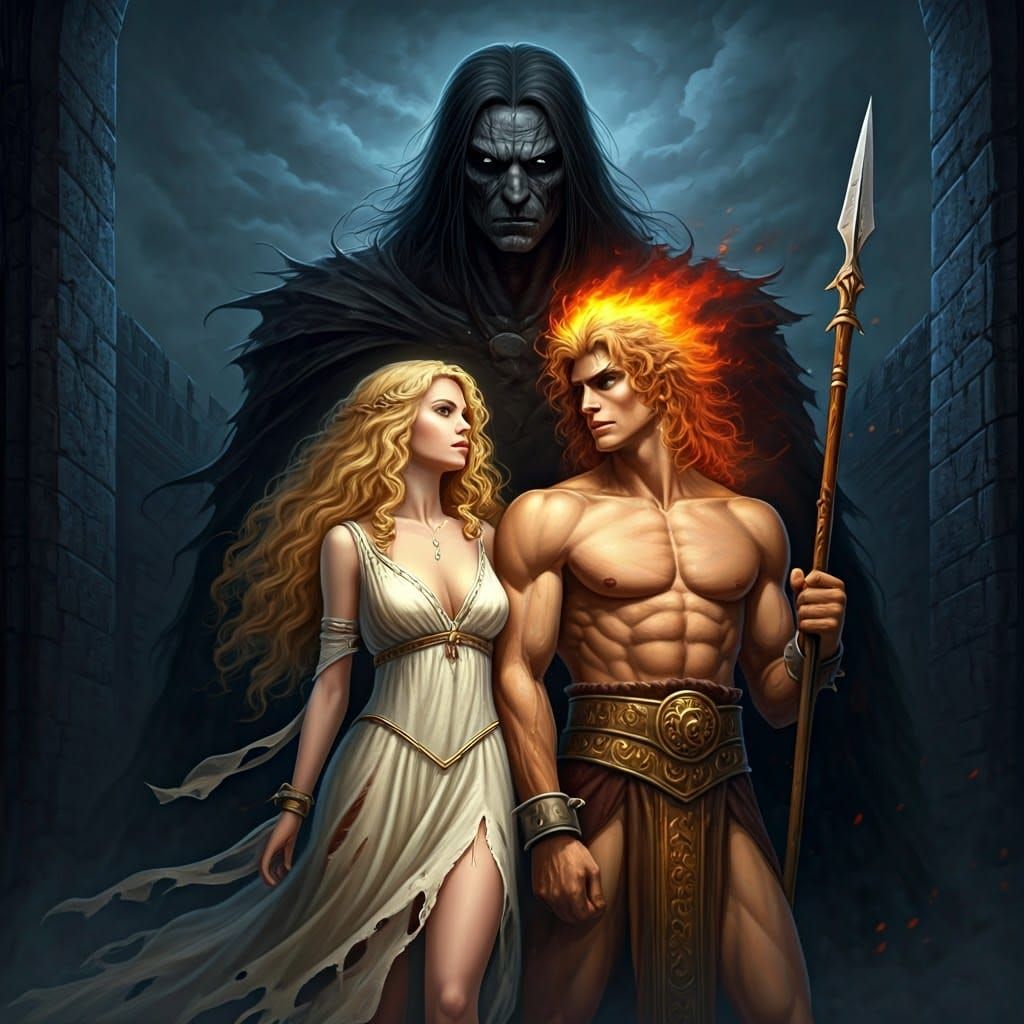 Majestic Fiery Youth Watches Over Blonde Maiden in Dark Cast...