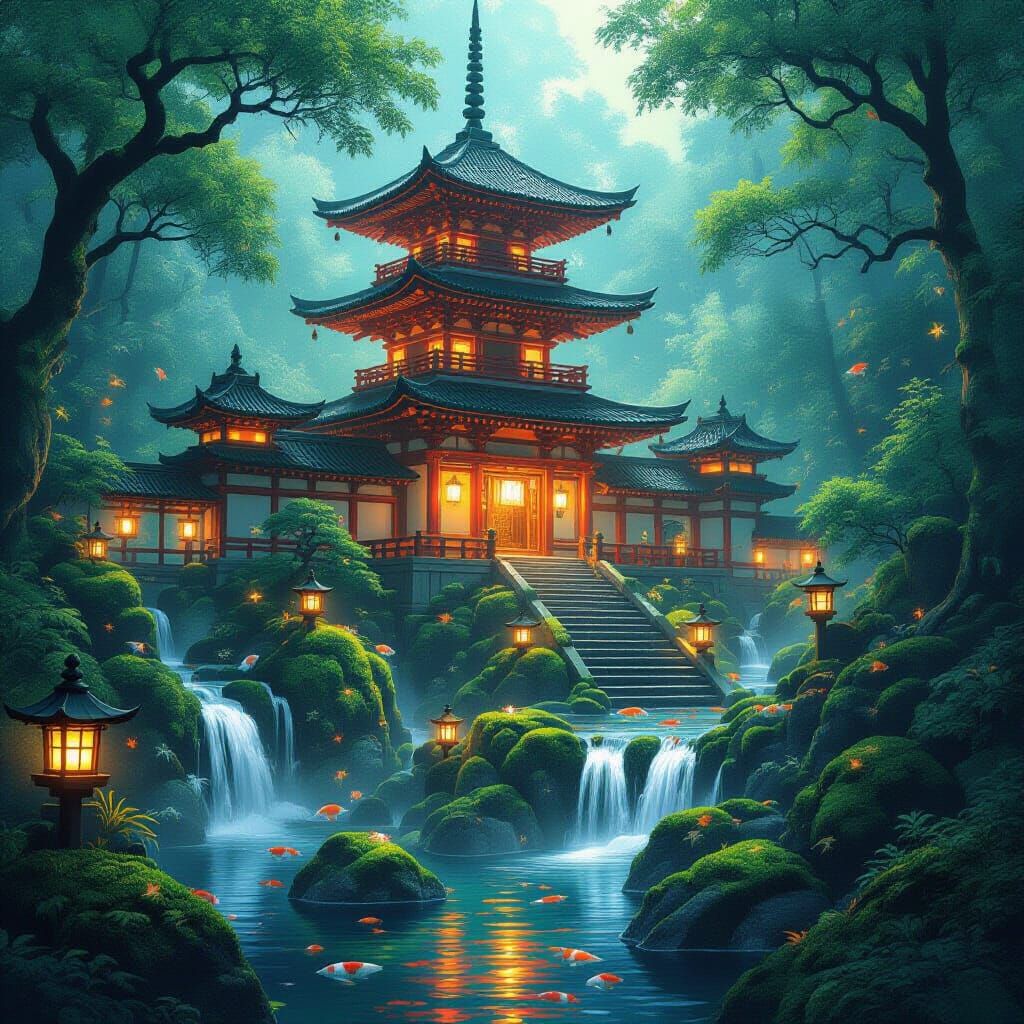 Enchanted Japanese Temple in Anime Style