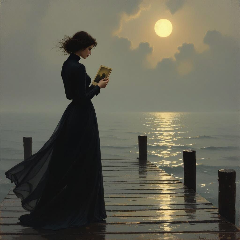 Melancholic Woman on Pier in Realist Style