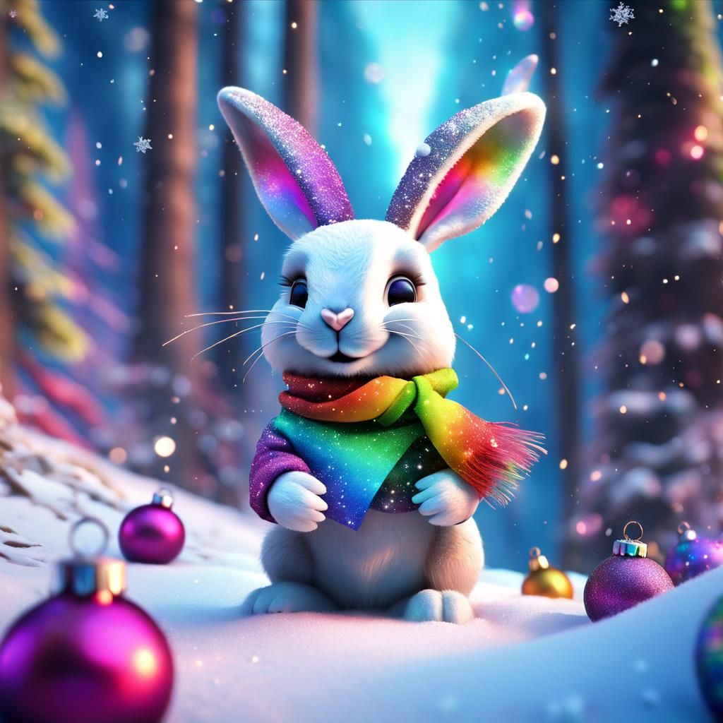 Rainbow Christmas Rabbit in Snowy Forest, Detailed Matte Pai...