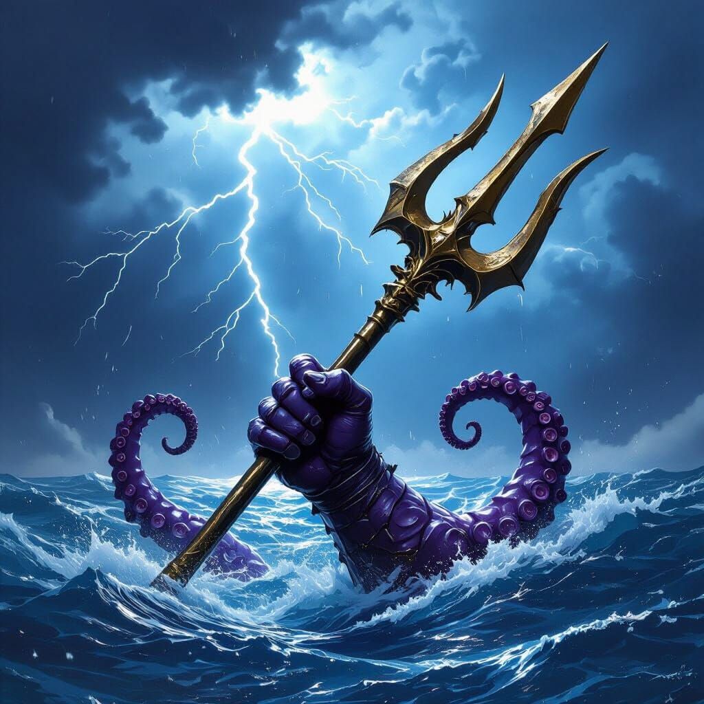 Mythic Trident Grasp: Hand vs Tentacle in Stormy Seas