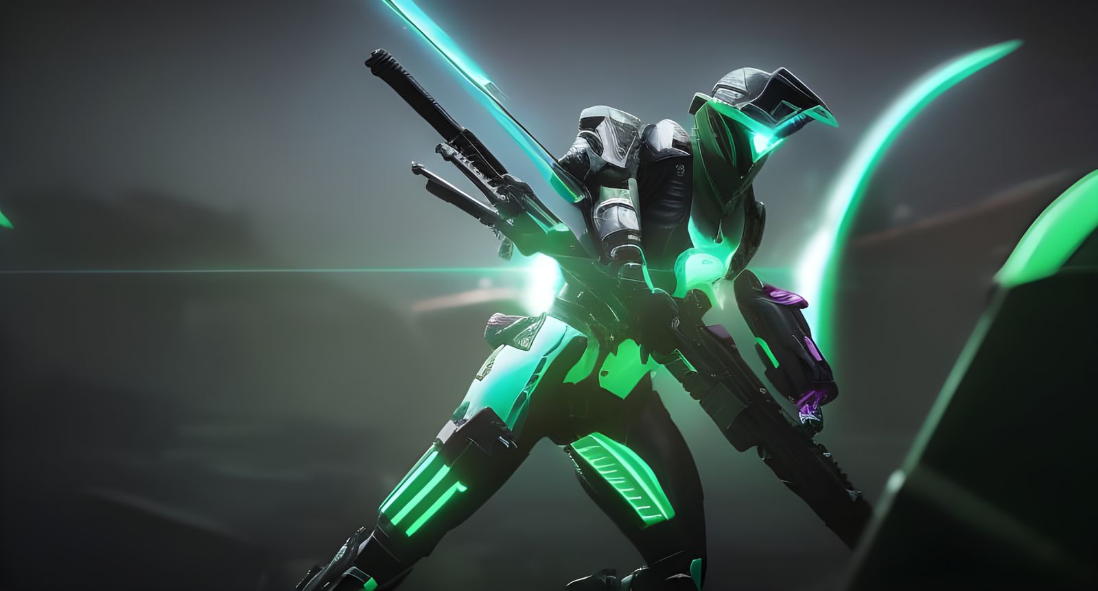 Neon Warframe Warrior in Post-Apocalyptic Synthwave Style