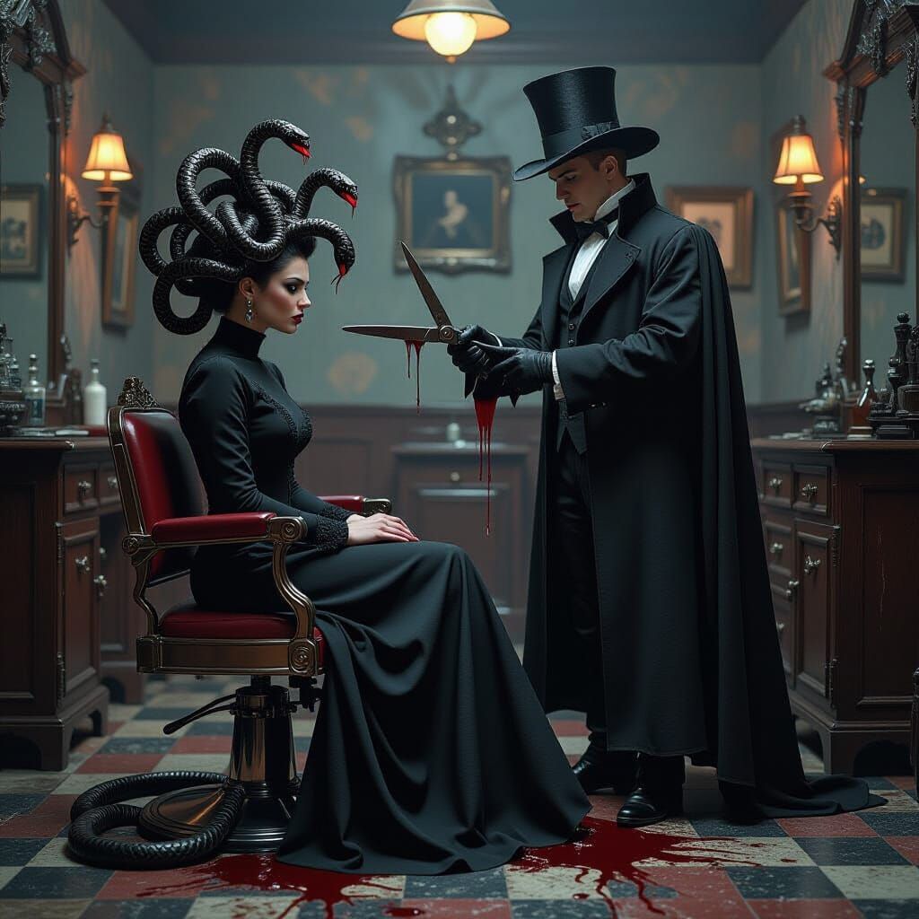 Gorgon Haircut in Victorian Barber Shop