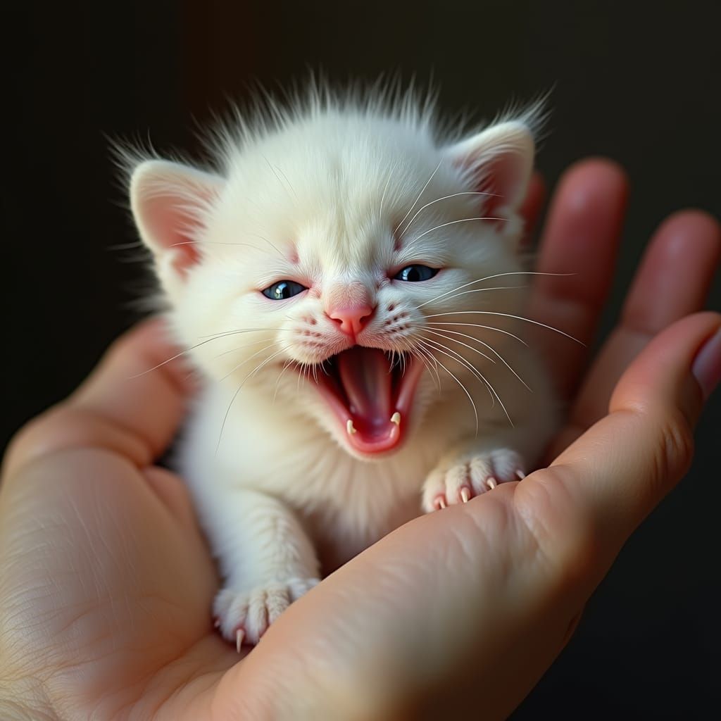 Fluffy Kitten Yawns in Gentle Hand