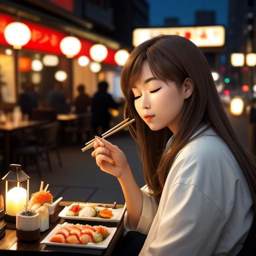 Girl Eating Sushi Outdoors at Night: Realistic Photo