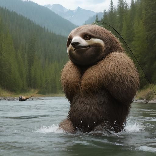 Anthropomorphic Sloth Fly Fishing Adventure