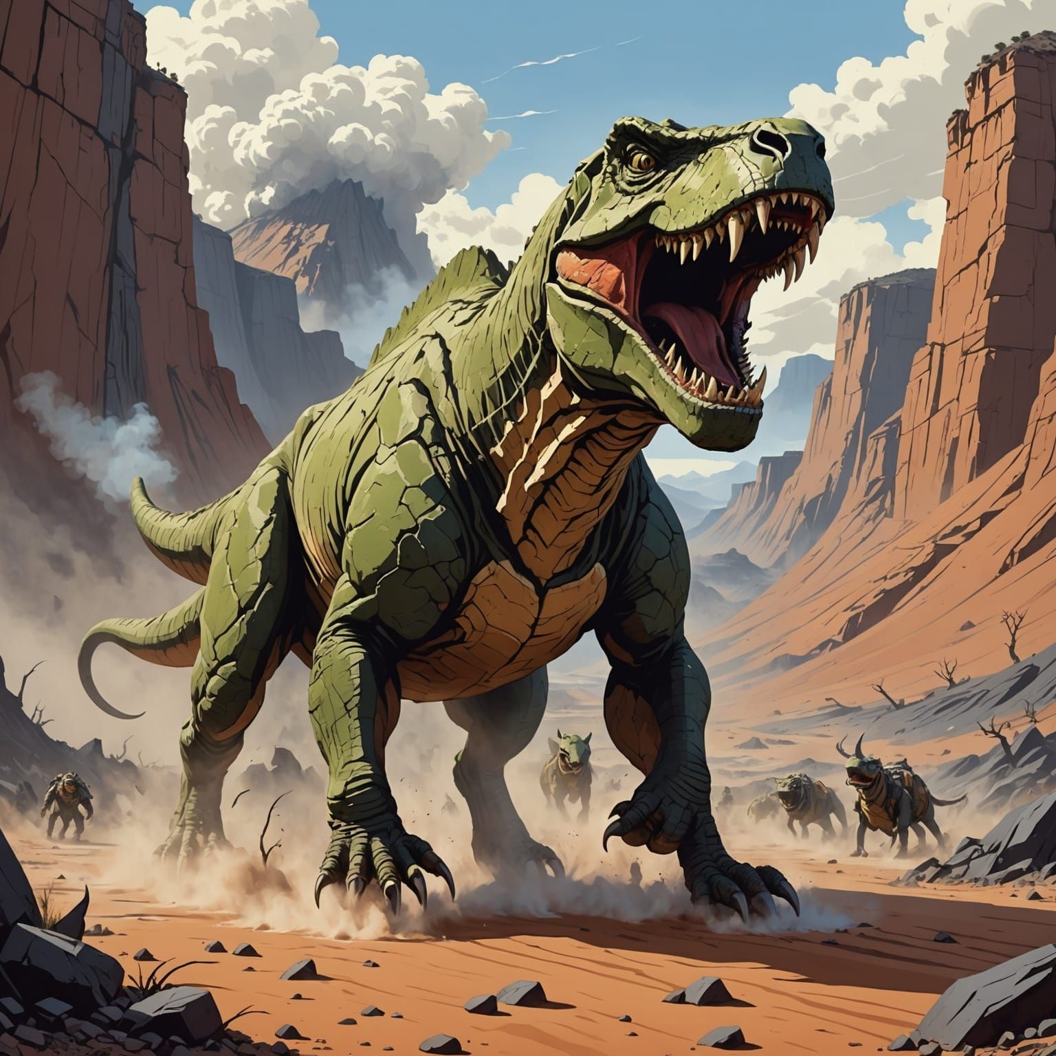 Colossal T-Rex Roaring Through a Volcanic Valley