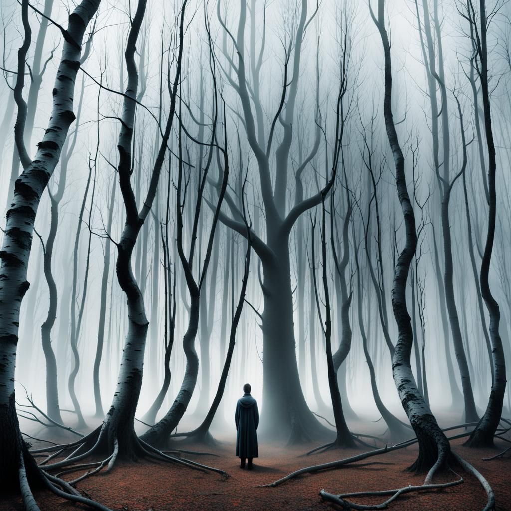 Surreal Forest Scene with Shrinking Trees