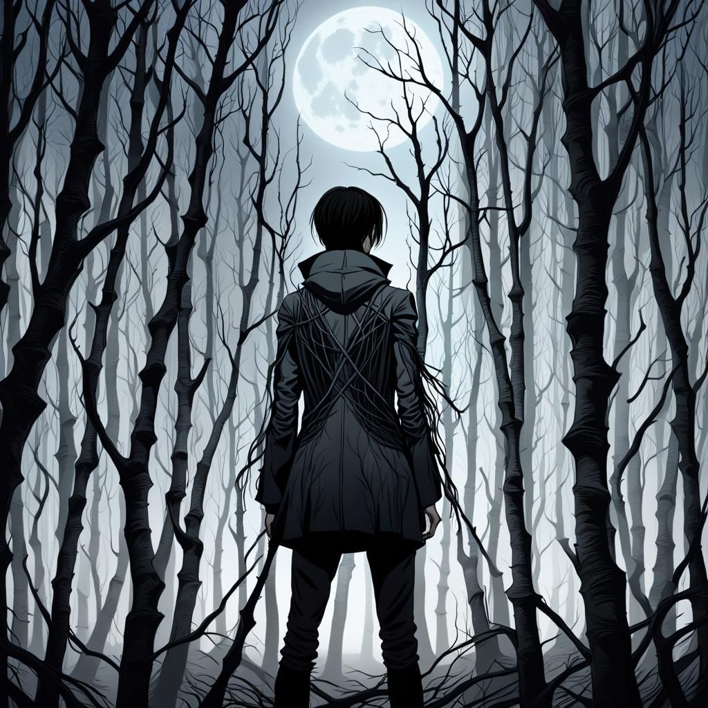 Eerie Figure in Skeletal Forest: Surrealism