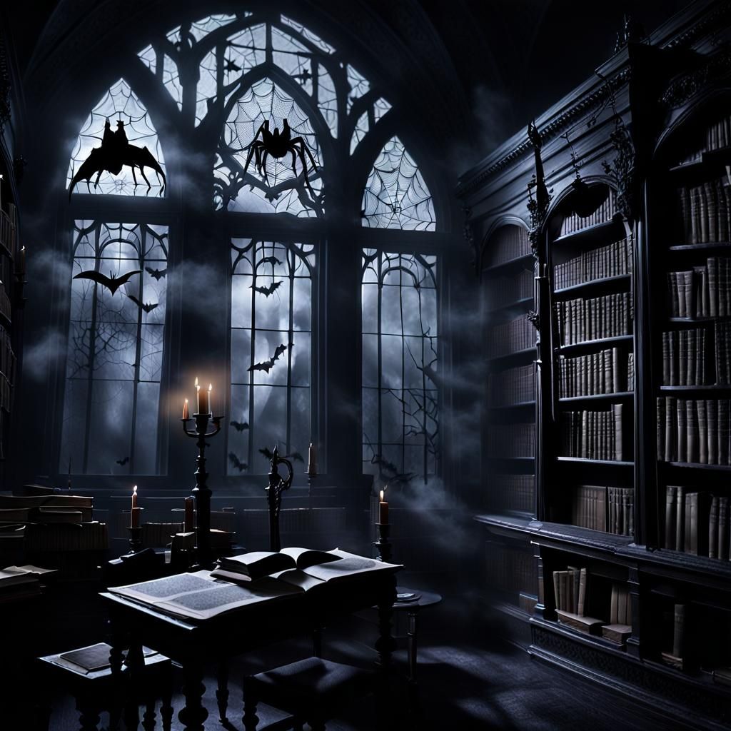 Eerie Gothic Library with Bats in Dark Fantasy Style