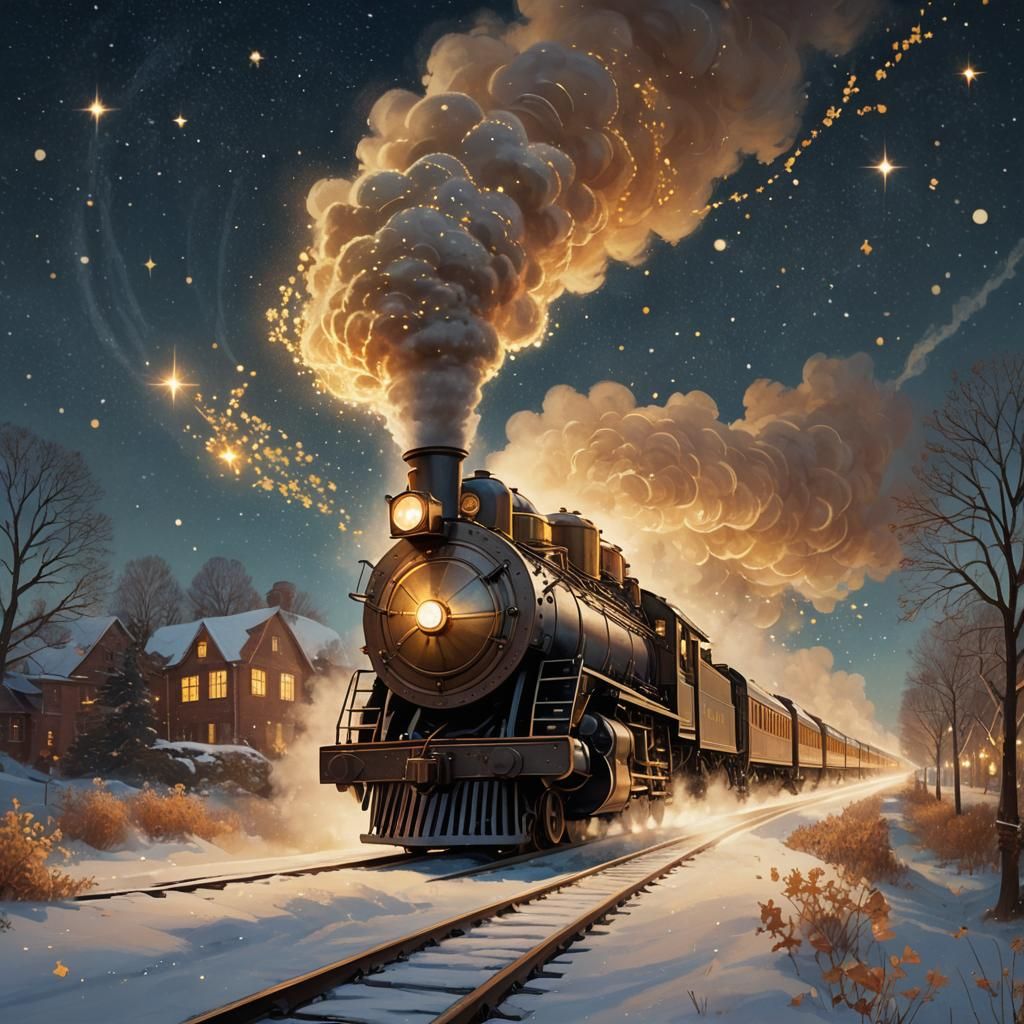 Magical Steam Locomotive Flies Through Starry Night