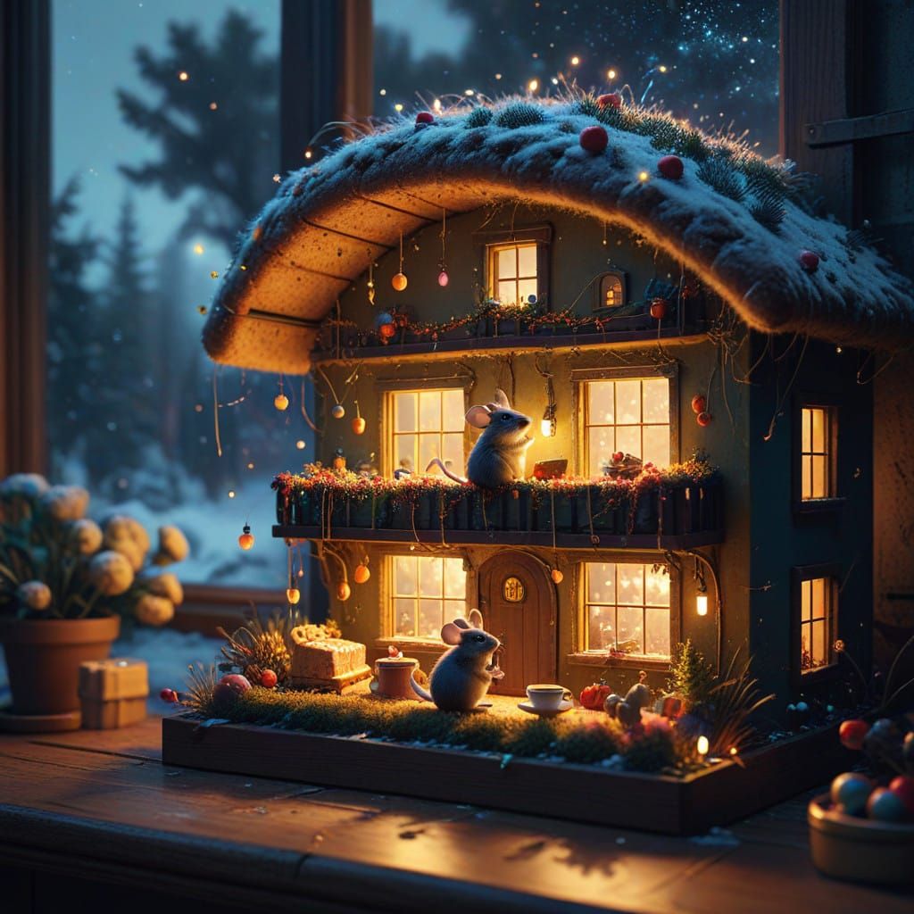 Cozy Holiday Mouse Hideaway in Festive Whimsy