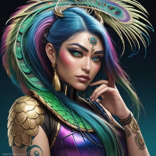 Rainbow Dragon Serpent Woman Portrait in Comic Art