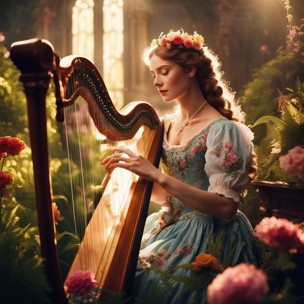 Victorian Woman Plays Harp in Floral Paradise