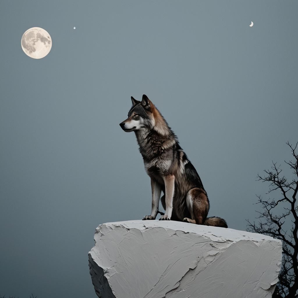 Wolf Gazing at Moon Over Black Water