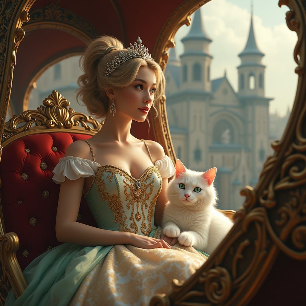 Regally Adorned Princess Surveys Majestic Realm with Loyal F...