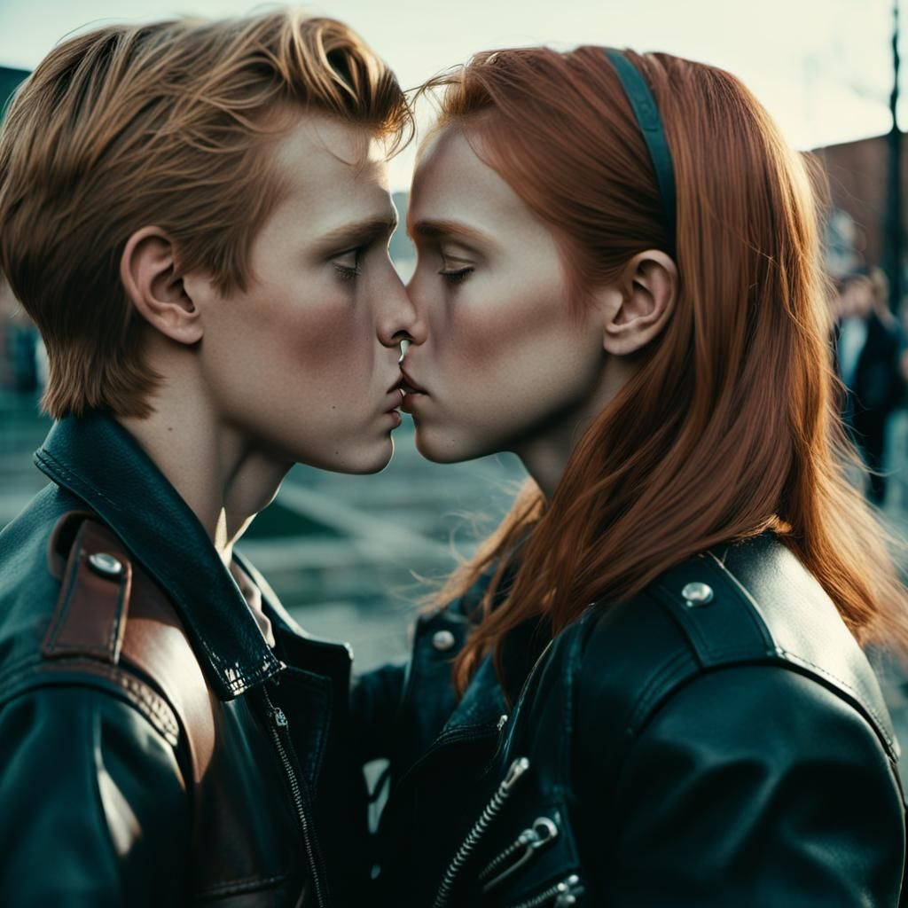 Romantic Schoolyard Kiss in Cinematic Film Still