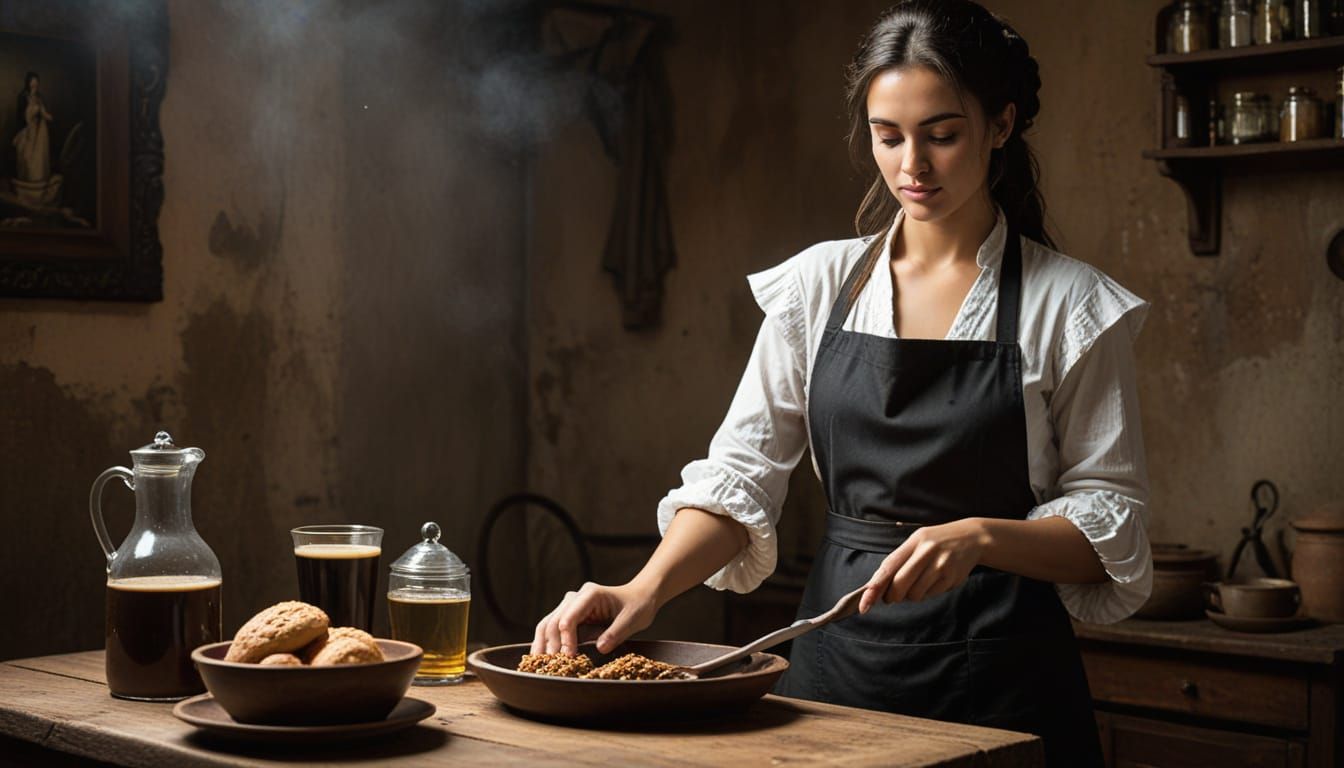 17th Century Housewife Prepares Breakfast in Sfumato Style