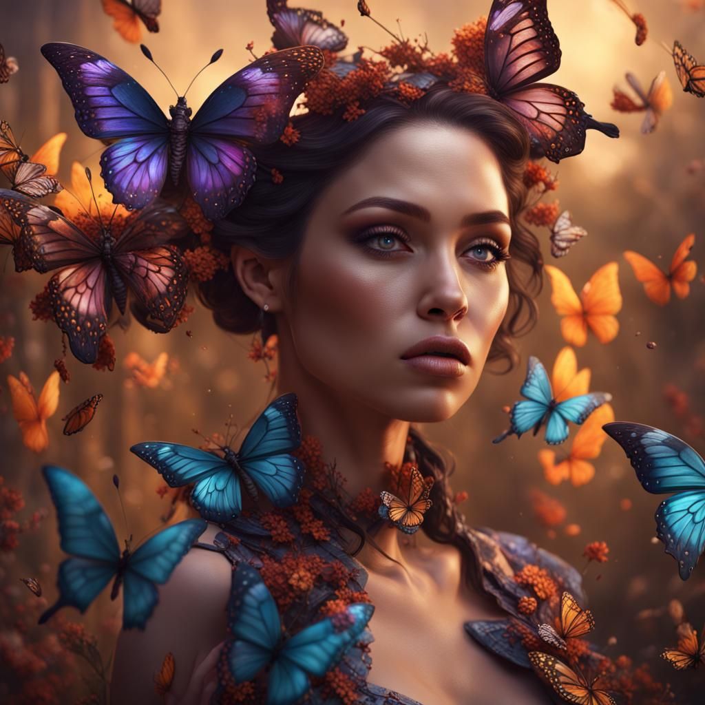 Beautiful Woman Adorned with Butterflies: Detailed Matte Pai...