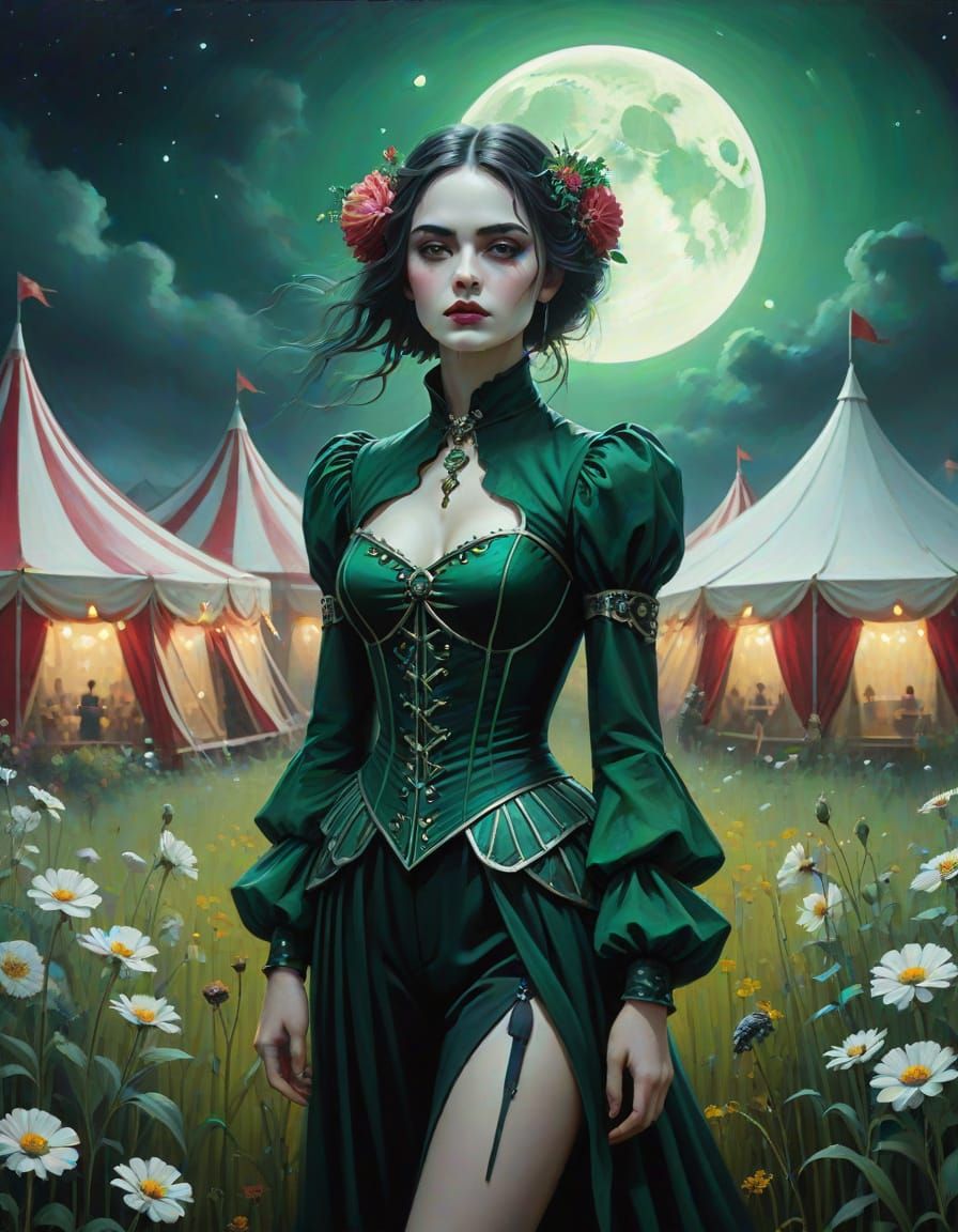 Dark Fantasy Circus Scene with Woman in Flowers