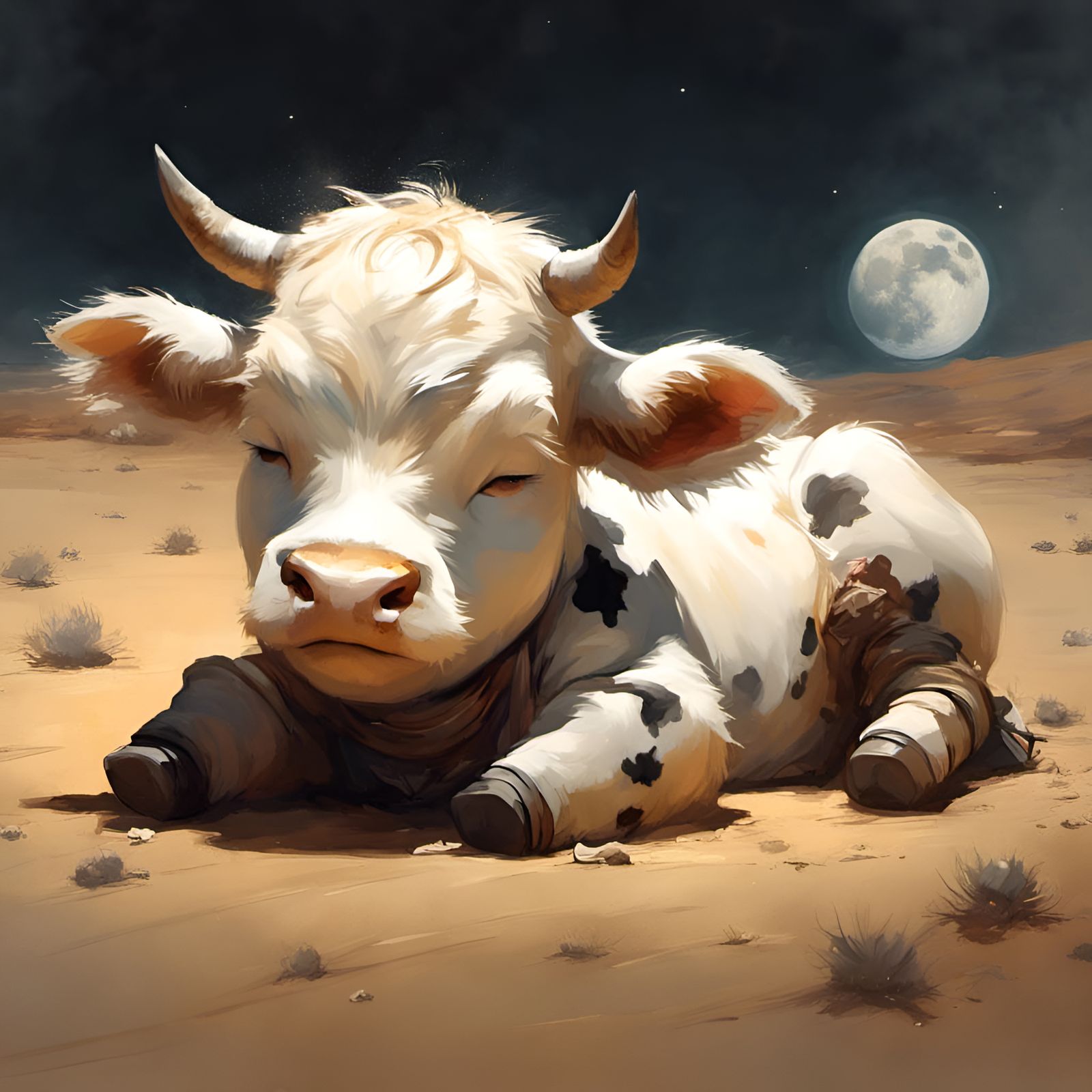 Chibi Cow Asleep on the Moon in 3D