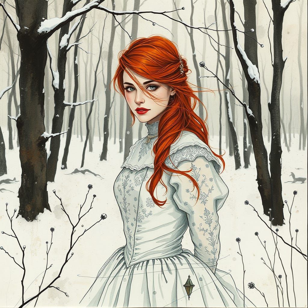 Ethereal Red-Haired Woman in Snowy Winter Forest