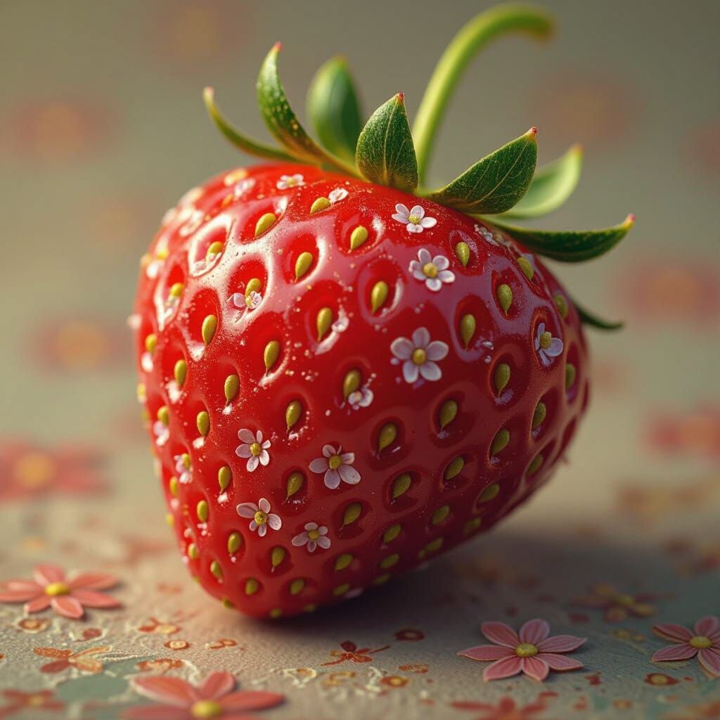Strawberry Close-Up with Floral Patterns: Matte Painting