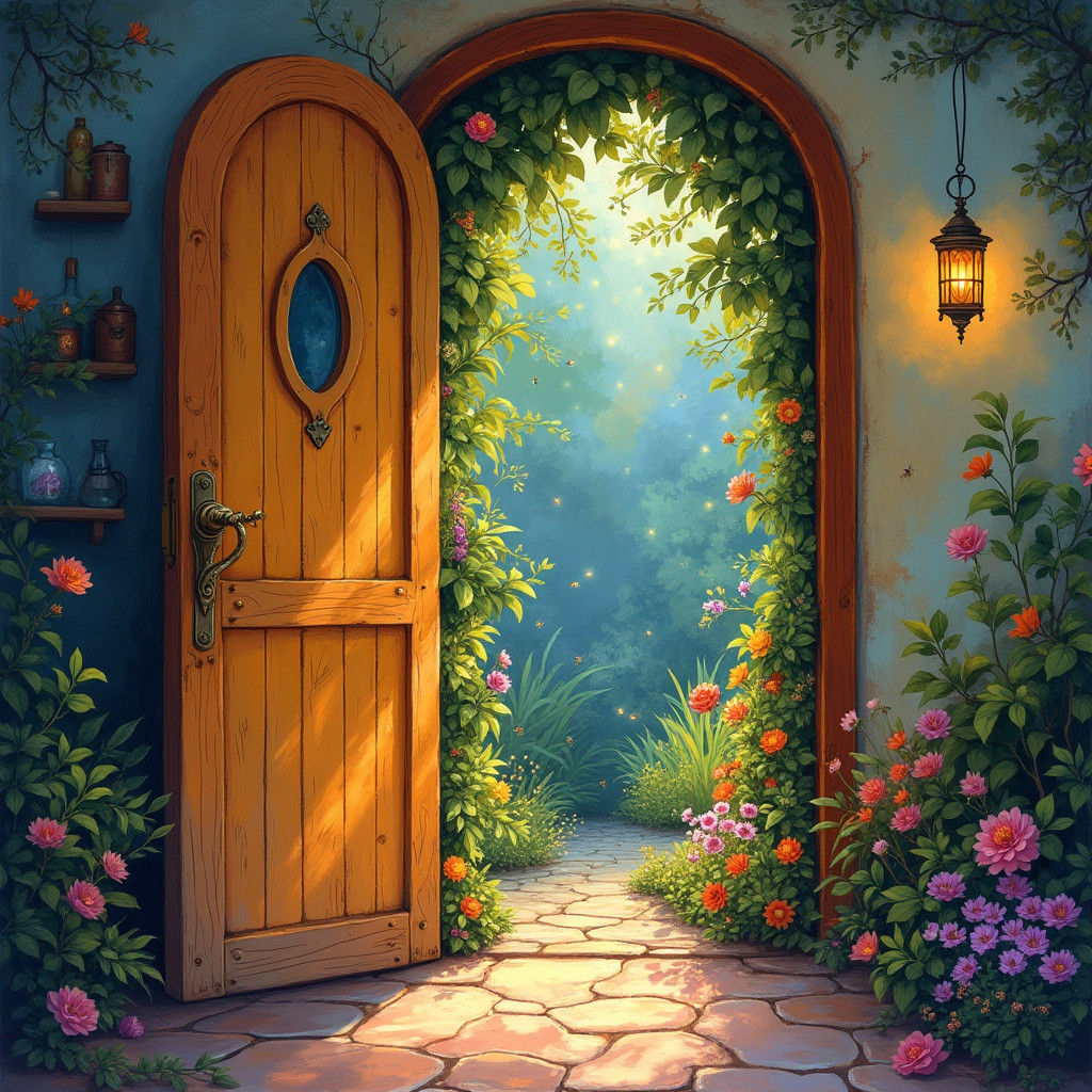Rustic Doorway to a Vibrant Garden in Gouache Style